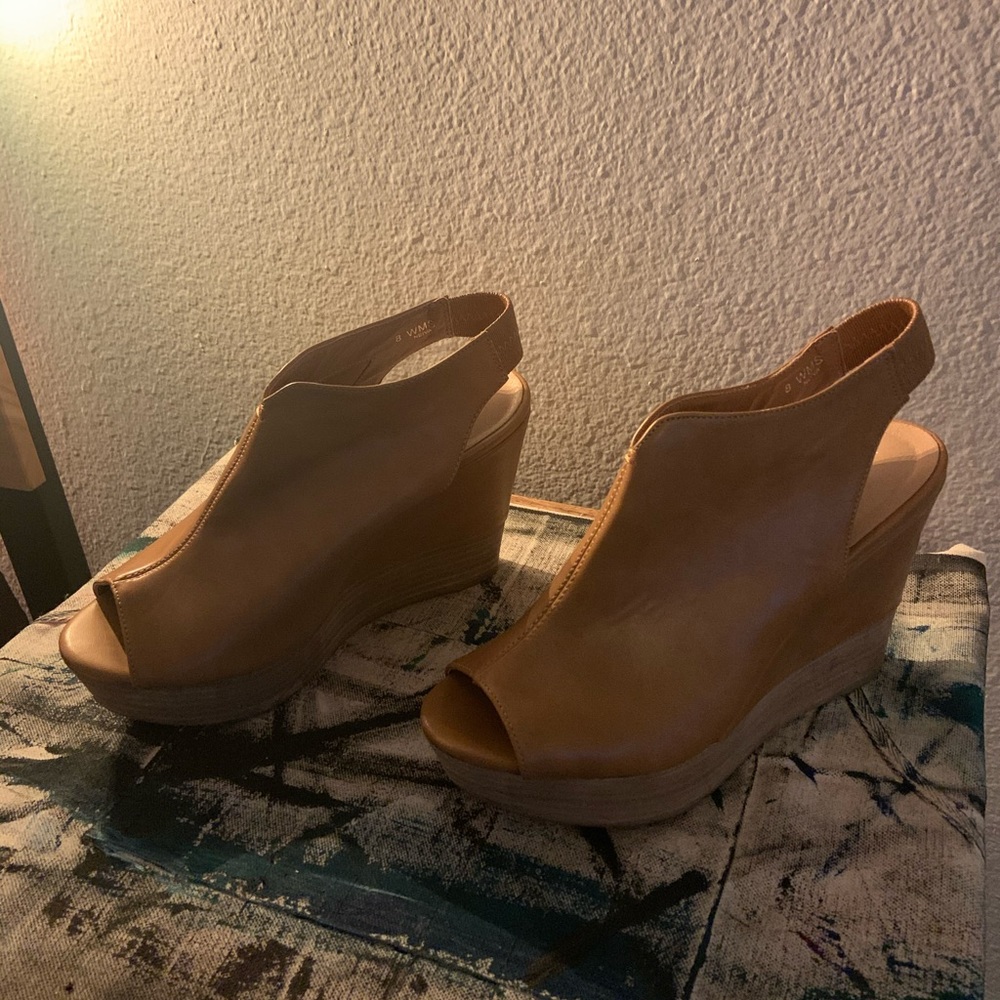 Tan wedge heel w/ peek toe and stretch ankle strap